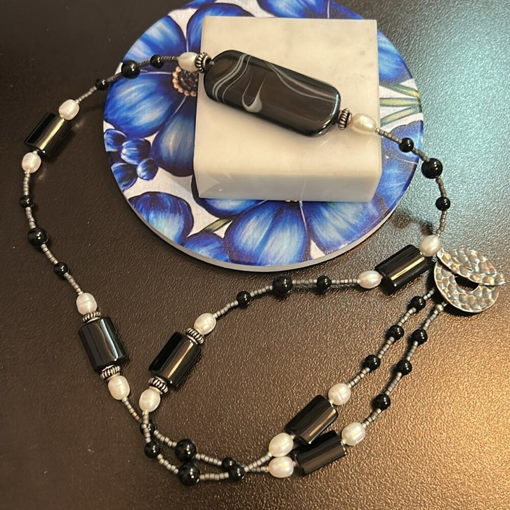 Gorgeous! Saki 925 Necklace #150 glass and stone bead necklace black white pearl